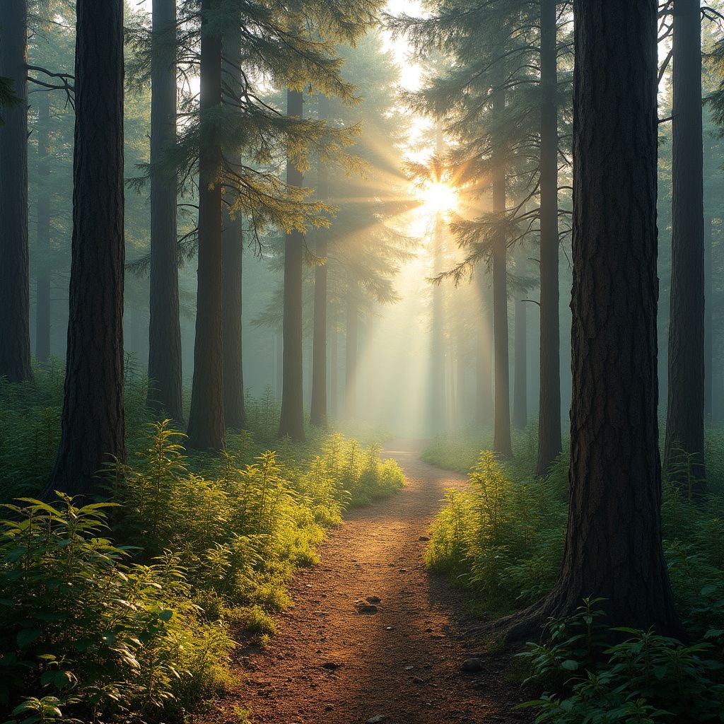 Sunlight streams through trees onto a forest path.