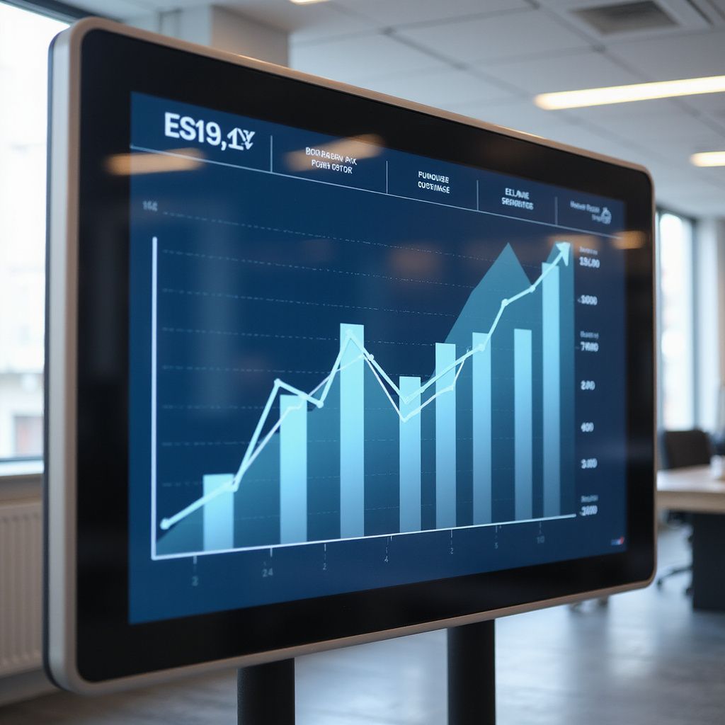 A large display screen showing a blue stock market graph in an office setting.