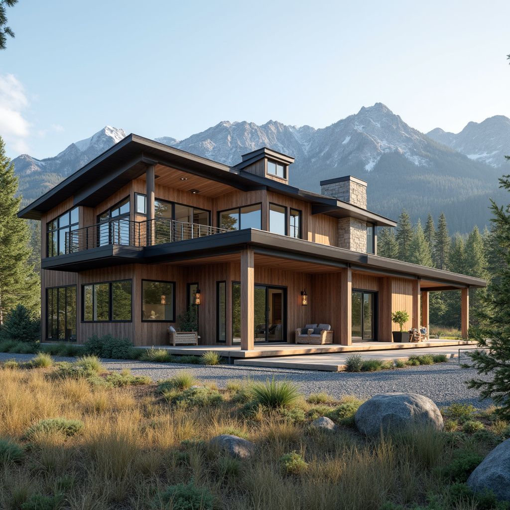 Modern wood home with large windows and a porch, set against mountain backdrop.