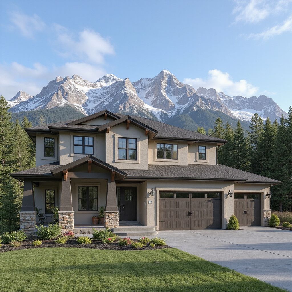 Two-story house with brown garage doors and a mountain backdrop. Green lawn, trees, and blue sky.