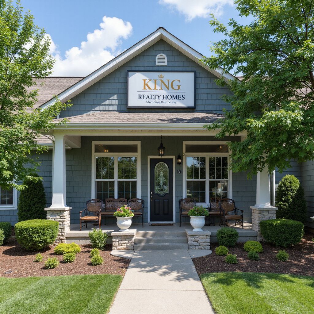 King Realty Homes storefront with blue siding, sign, and manicured landscaping.