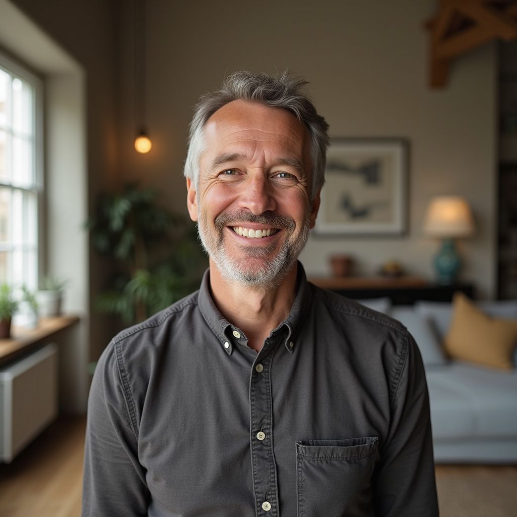 Man with gray hair and a beard, smiling, wearing a gray shirt, standing in a living room.