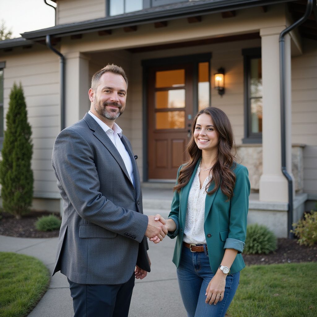 Two people shaking hands in front of a house. Man in suit, woman in blazer and jeans.