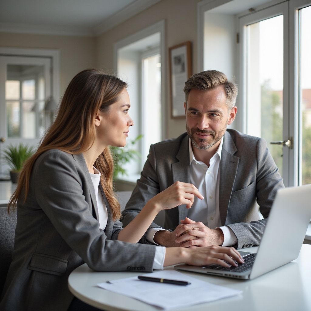 Woman and man in suits at table with laptop, discussing. Indoor setting, natural light.