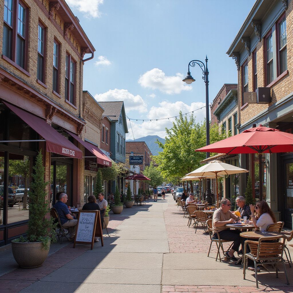 Street with brick buildings, shops, and outdoor seating under red and beige umbrellas on a sunny day.