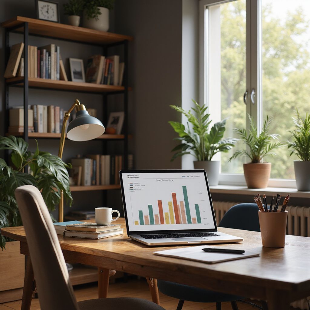 Laptop displaying bar graph on a wooden desk in a home office with plants, a bookshelf, and a window.