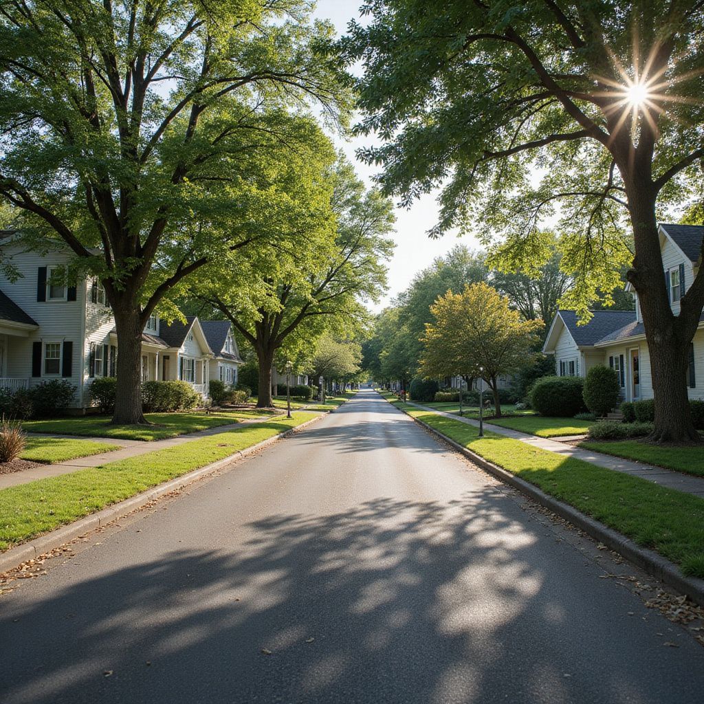 A tree-lined residential street with houses, sidewalks, and shadows cast by the sun.