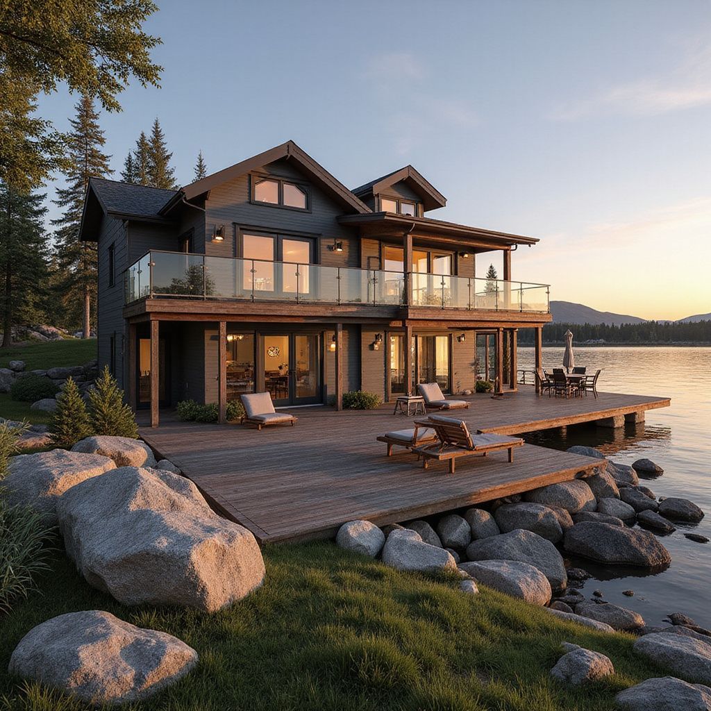 Two-story lakeside home with a wooden deck, overlooking a lake at sunset.