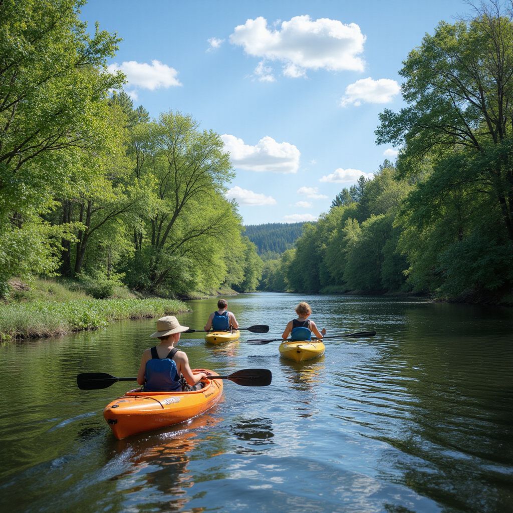 Three people kayaking on a calm river surrounded by lush green trees under a blue sky.