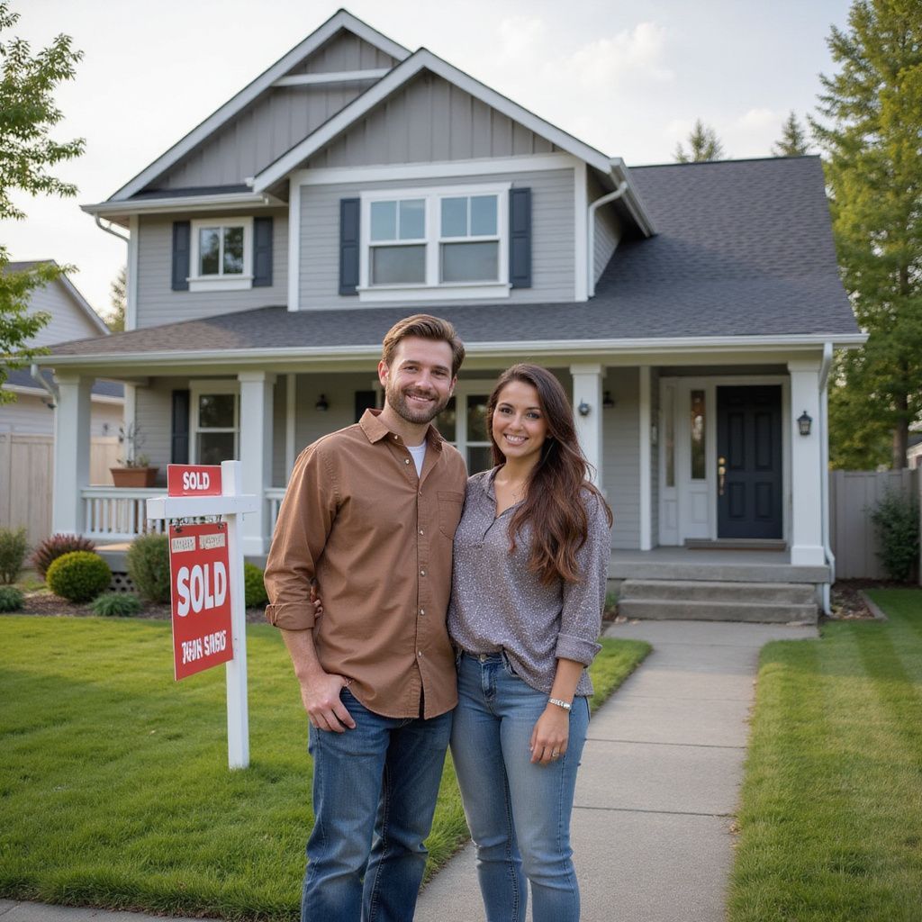 Couple standing in front of a gray house with 