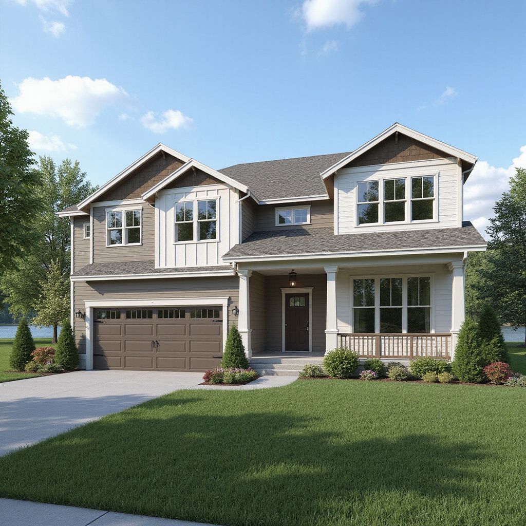 Two-story house with a brown garage door, front porch, and grassy yard.