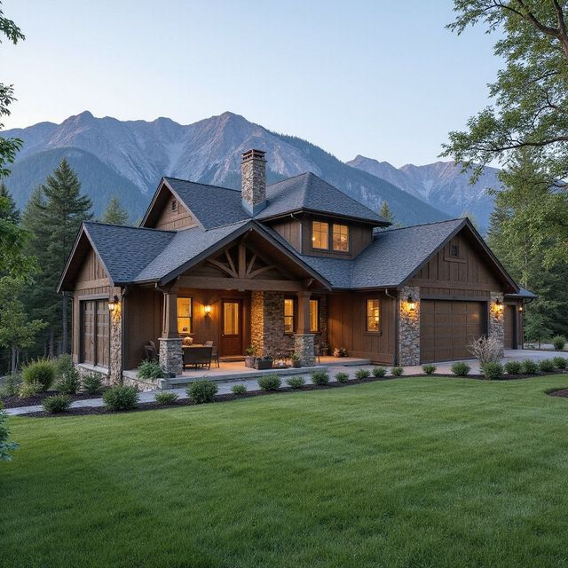 Brown wood home with stone accents, set against a backdrop of mountains and a green lawn.