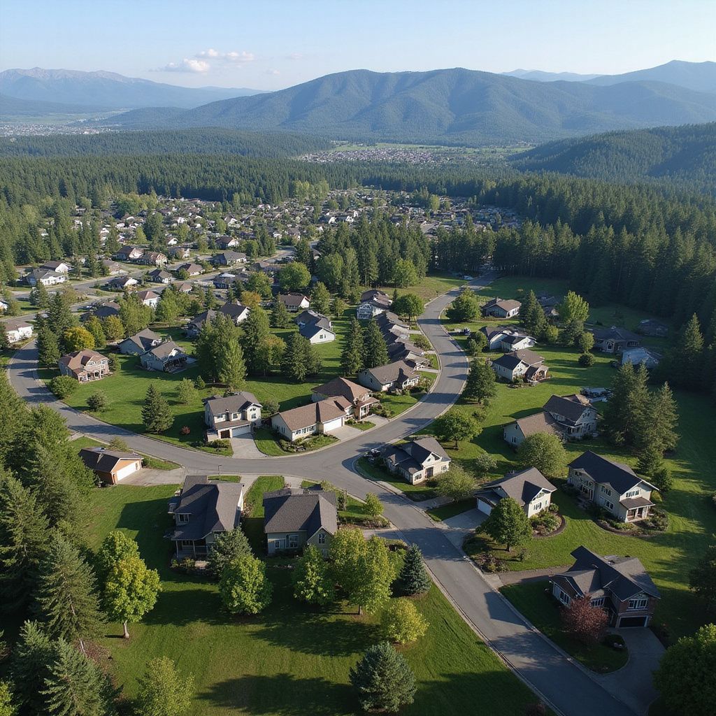 Aerial view of a suburban neighborhood nestled in a forested area with mountains in the background. Green grass and trees surround houses.