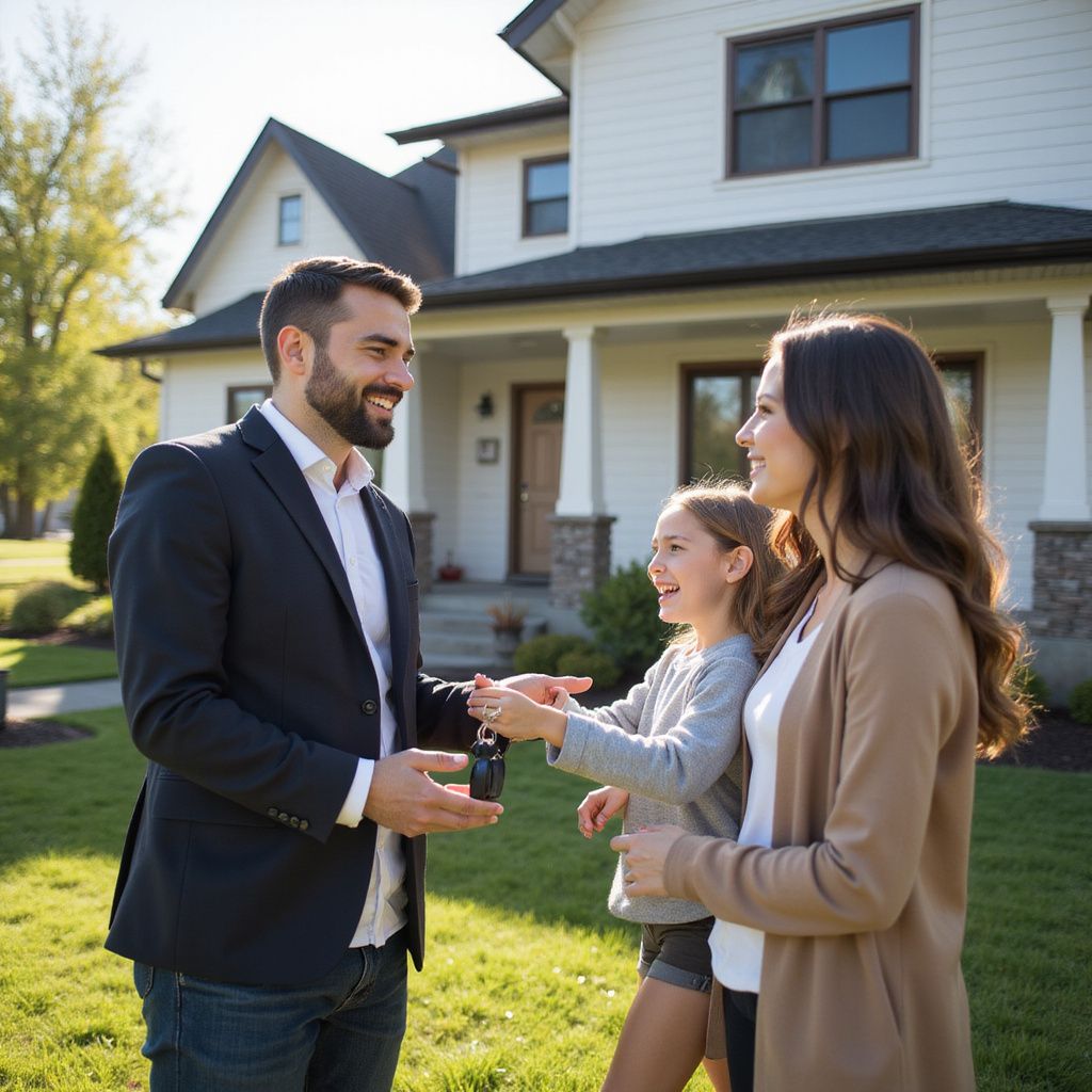 Real estate agent handing keys to a smiling woman and child in front of a house.