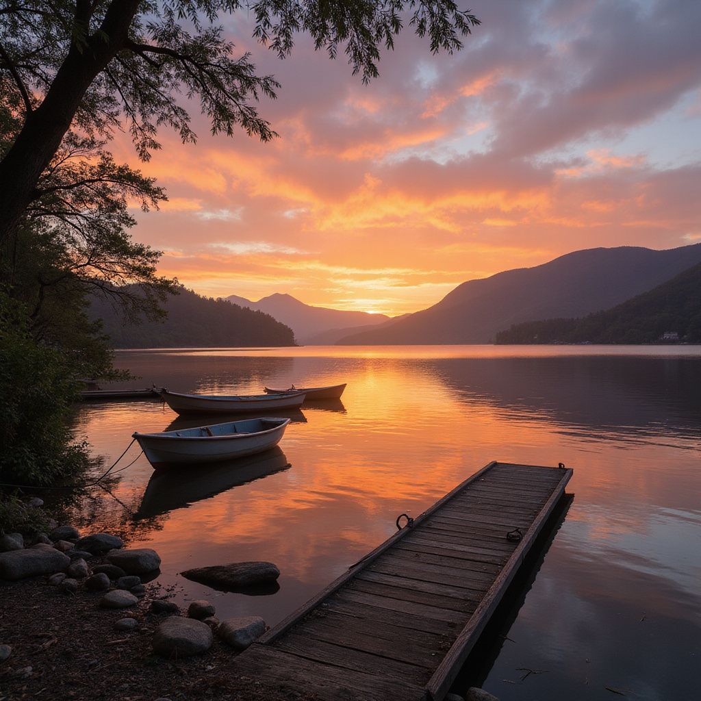 Sunset over a calm lake, small boats, wooden dock, mountains in the distance; orange and pink sky reflects on water.