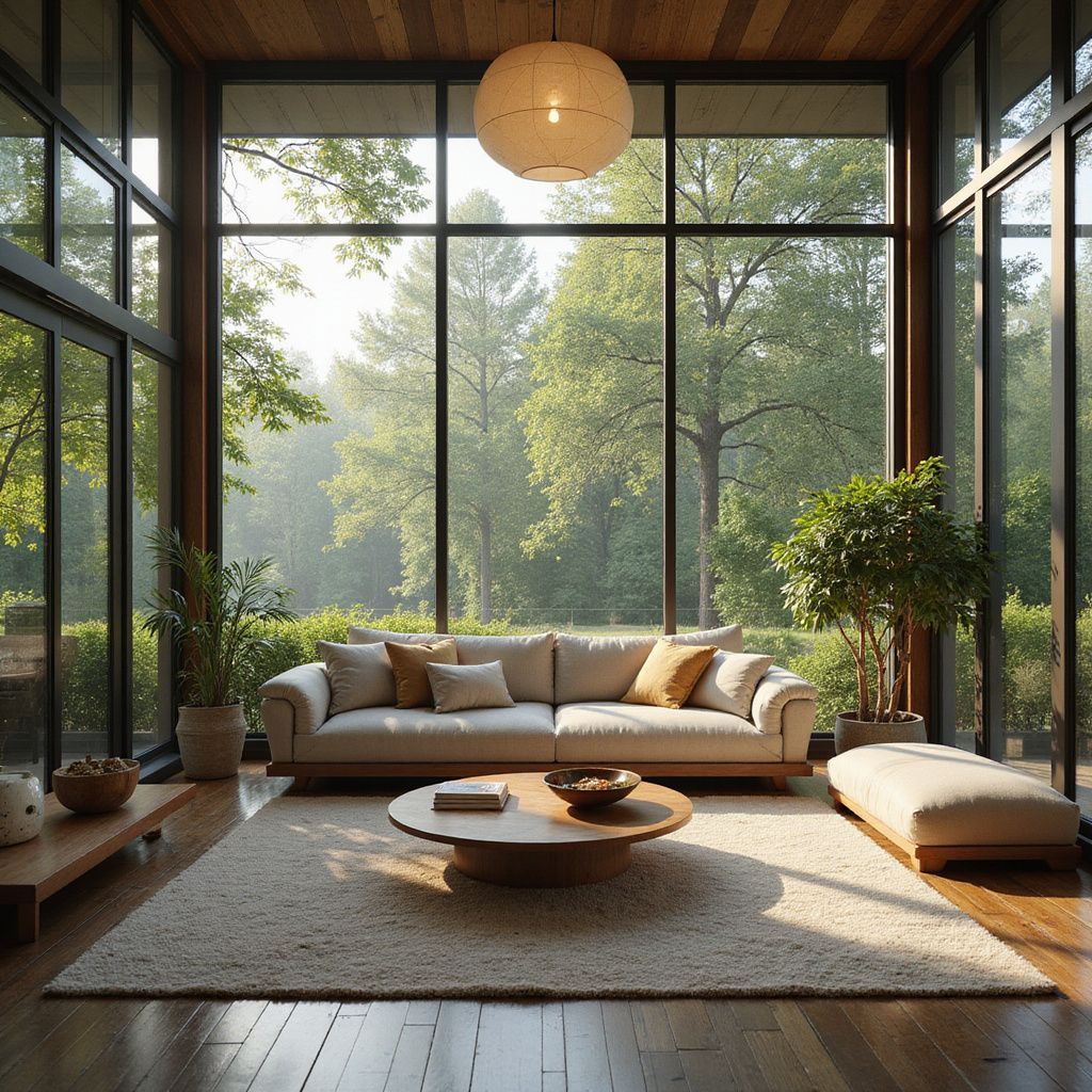 Sunroom with large windows overlooking trees; a cream-colored sofa, rug, and ottoman; round coffee table; and plants.