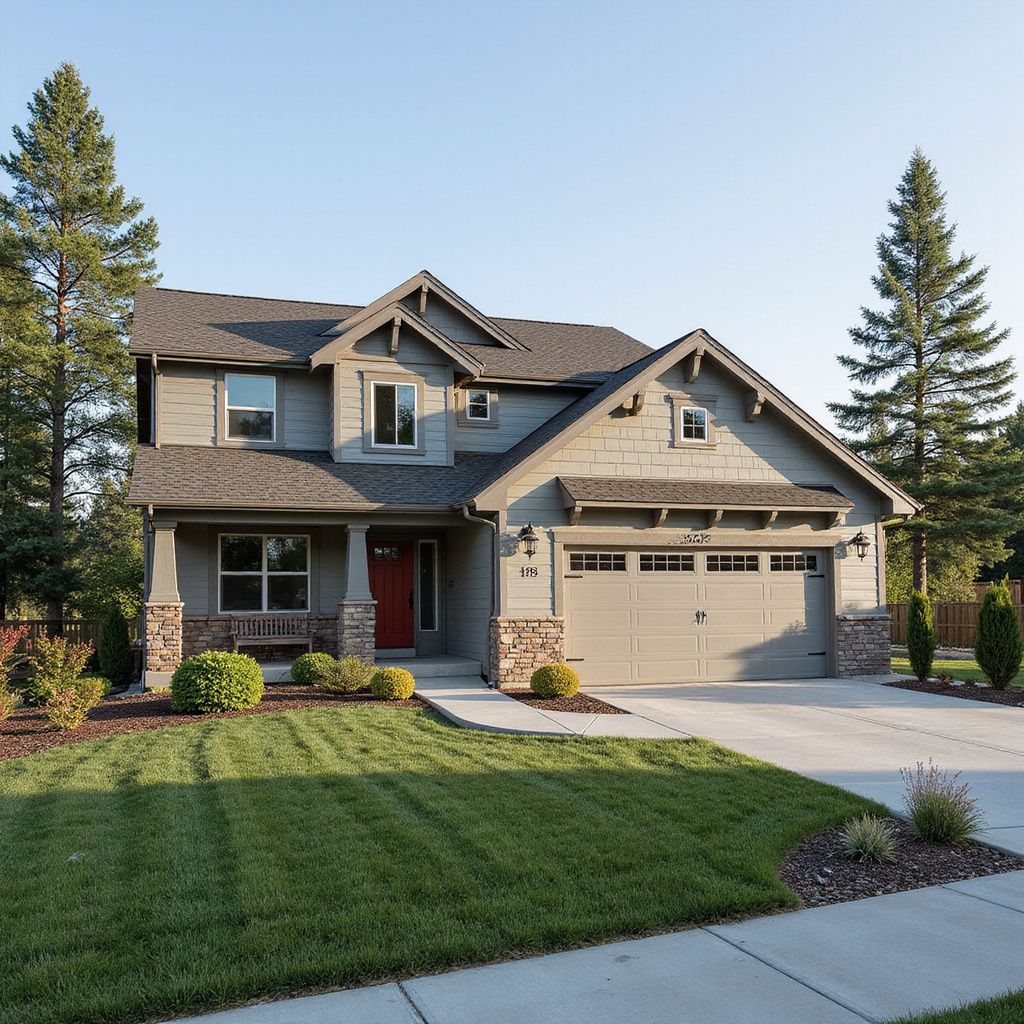 Two-story house with green siding, red door, and garage, with trees and lawn.