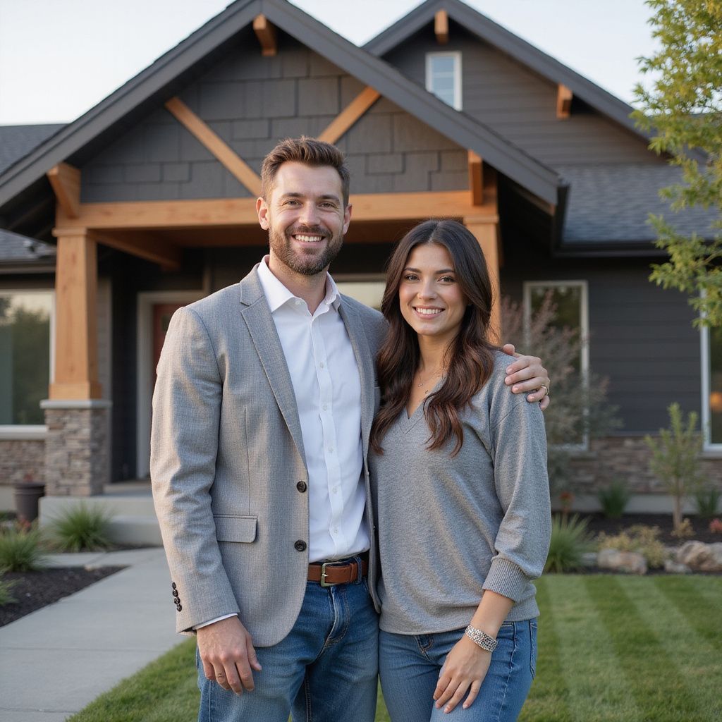 Couple posing in front of a modern home with gray siding, a wooden porch, and manicured lawn.