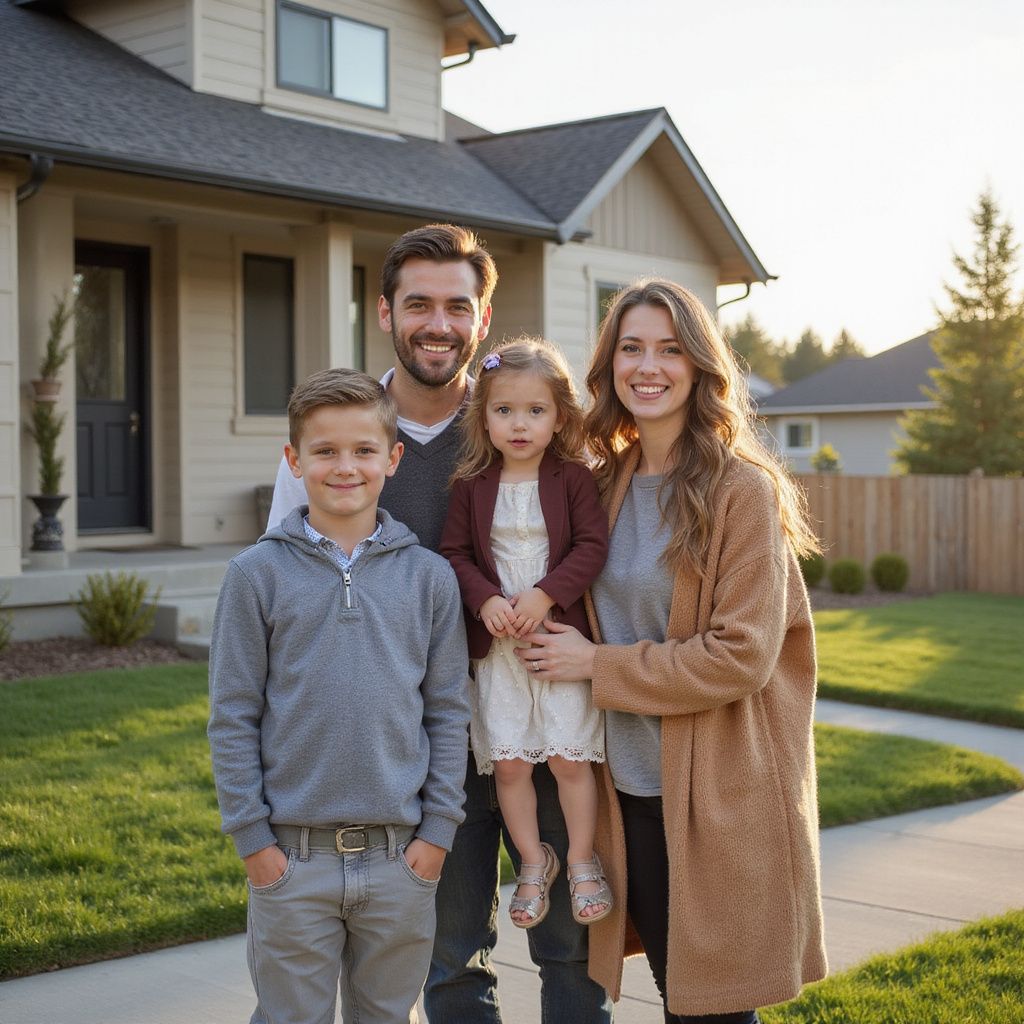 Family of four smiling in front of a house.