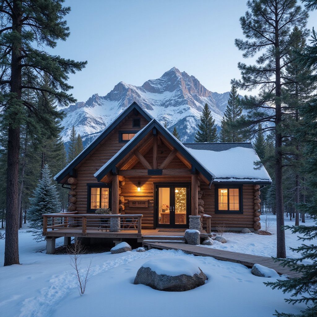Snow-covered log cabin with lit windows, nestled in a snowy forest against a mountain backdrop.