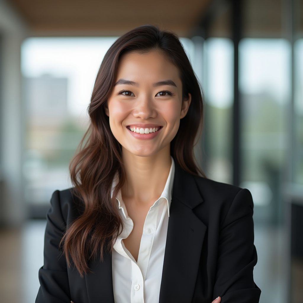 Woman smiling, wearing black suit and white shirt, arms crossed, blurred background.