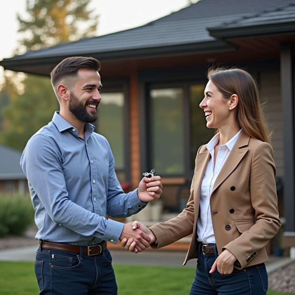 Man handing house keys to a woman, shaking hands in front of a house. They are smiling.