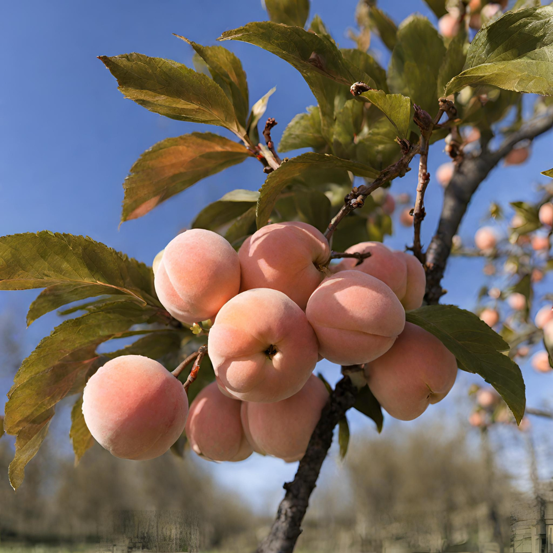 A bunch of peaches hanging from a tree branch