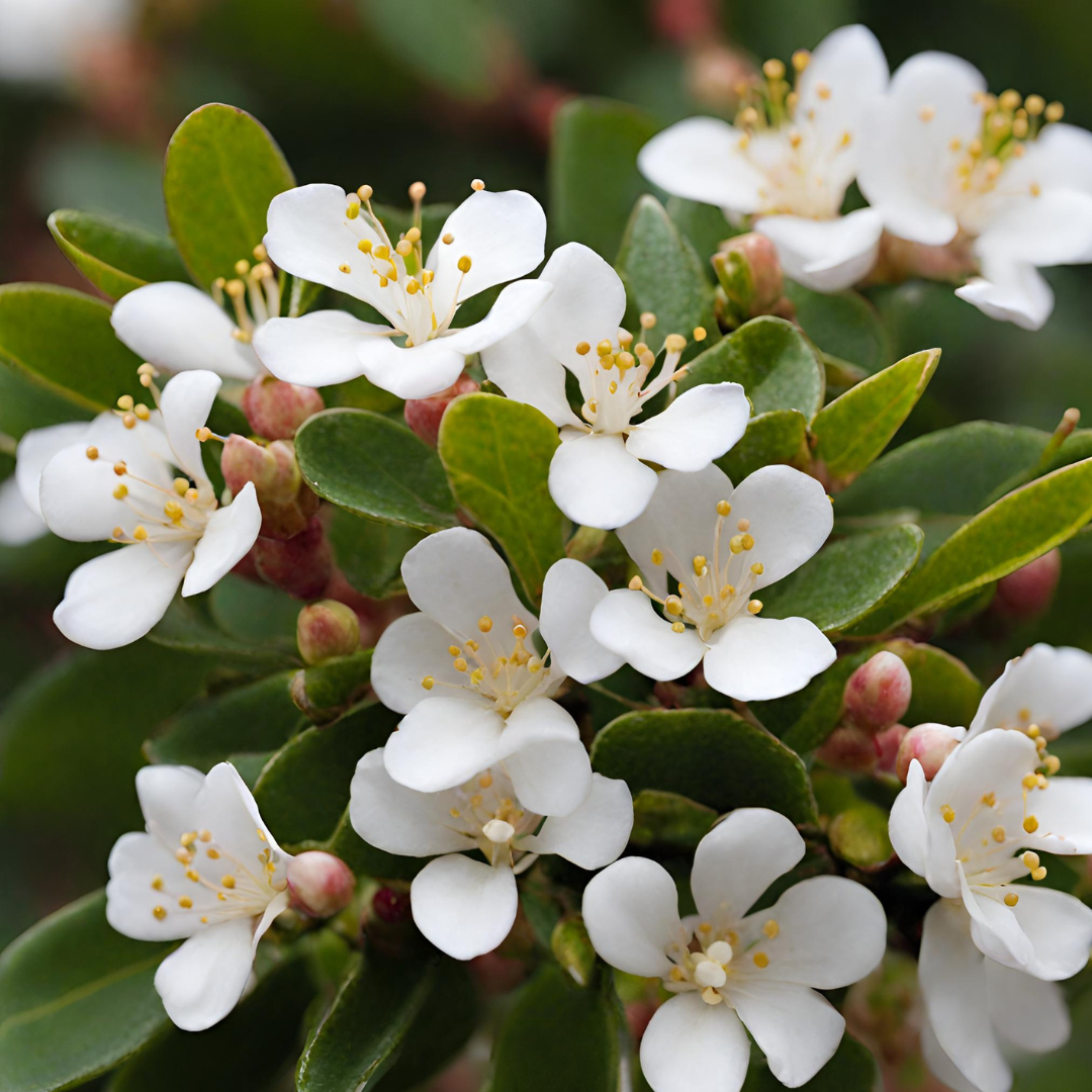 A bunch of white flowers with yellow centers are surrounded by green leaves