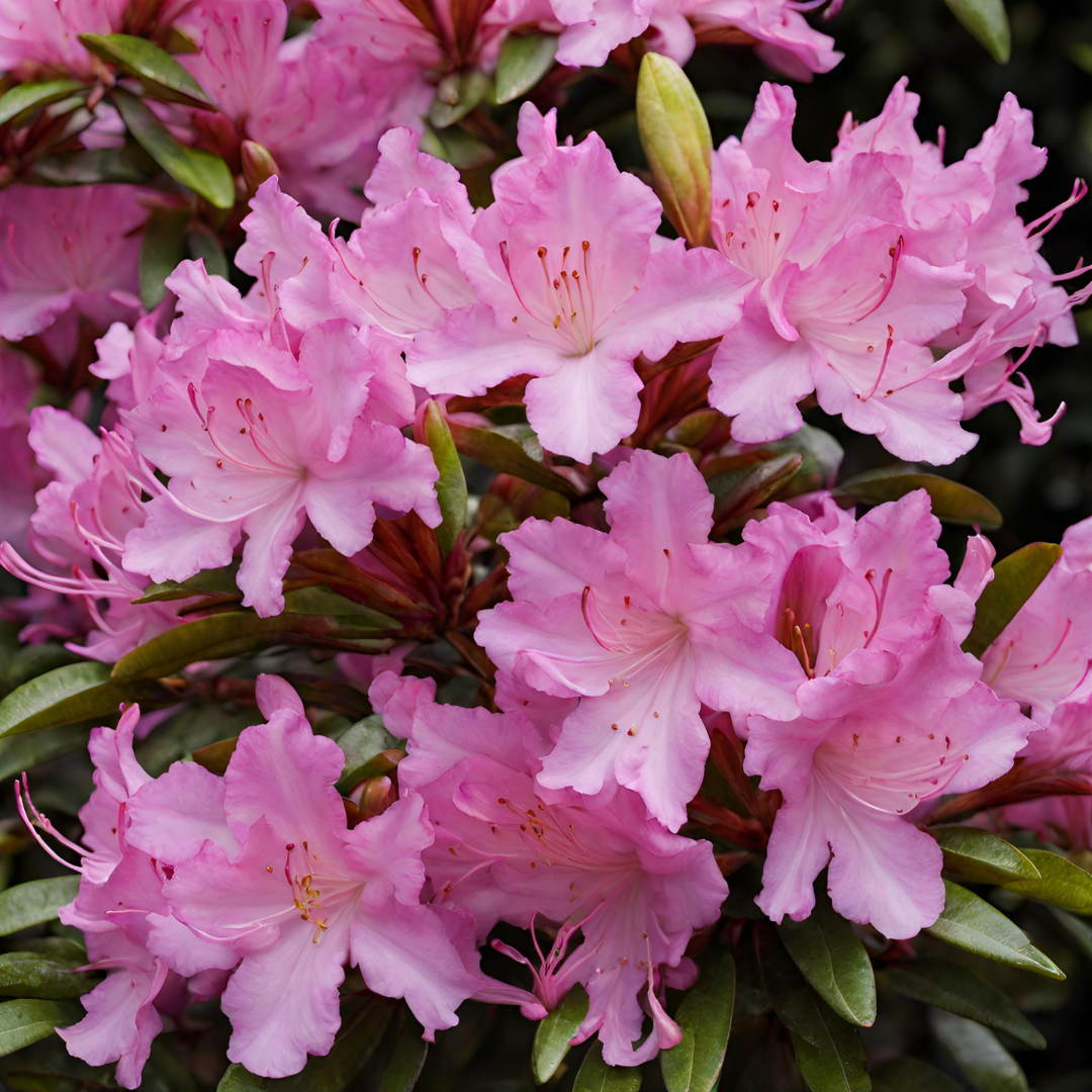 A bush with pink flowers and green leaves