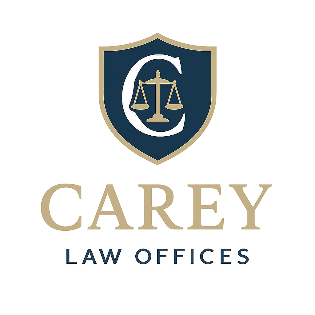 Logo for Carey Law Offices: Navy and gold shield with a "C" and scales of justice above "Carey Law Offices".