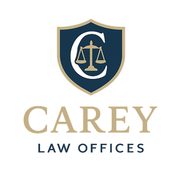 Logo for Carey Law Offices: Navy and gold shield with a "C" and scales of justice above "Carey Law Offices".