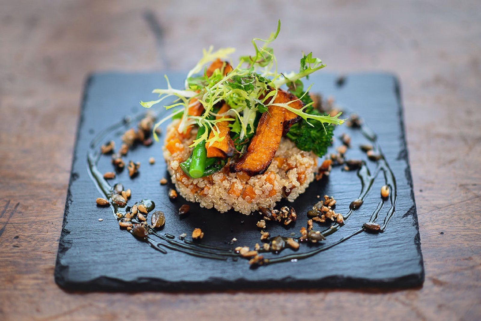 A close up of a plate of food on a table.