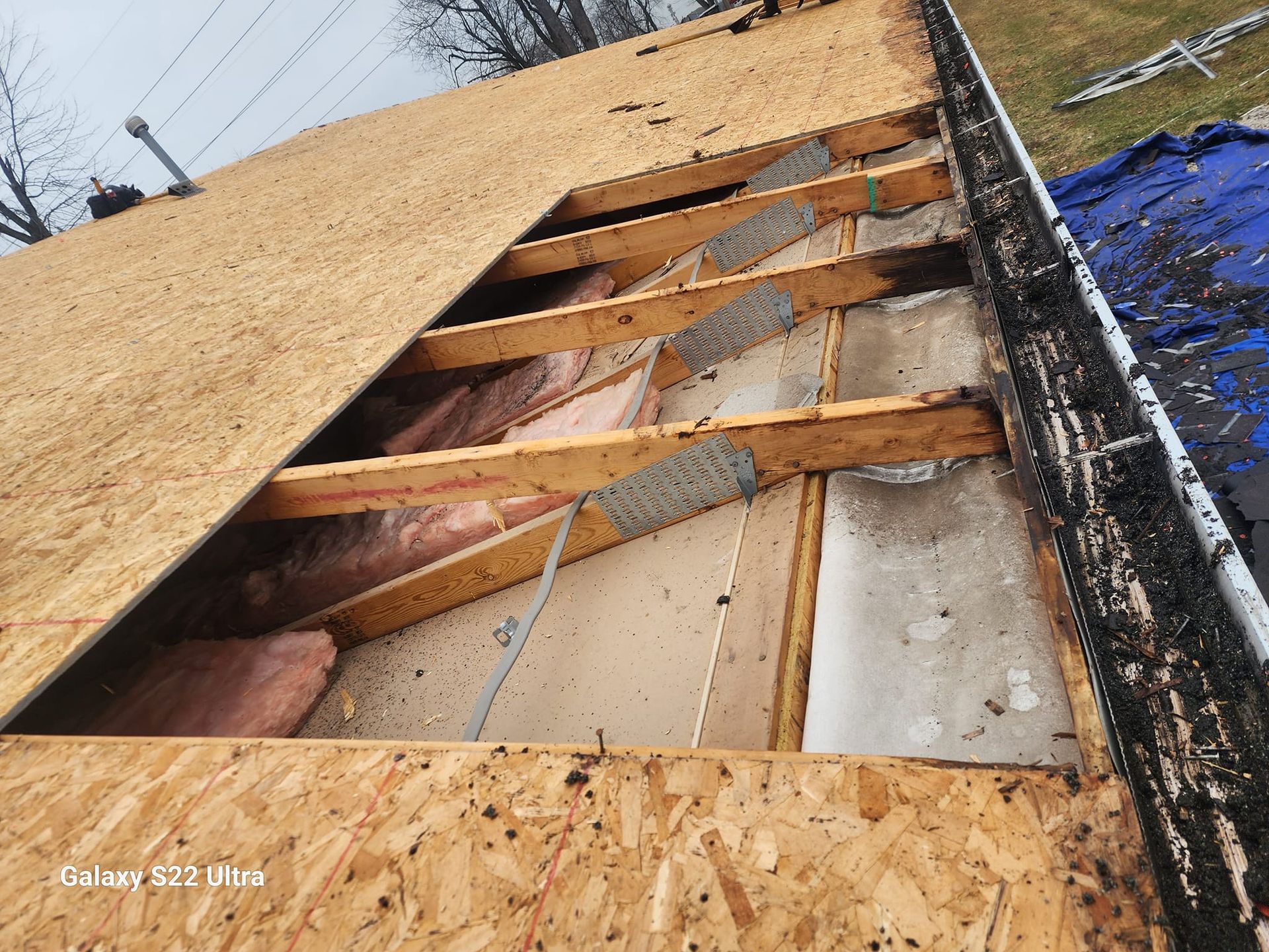 A picture of the inside of a roof with a blue tarp in the background.