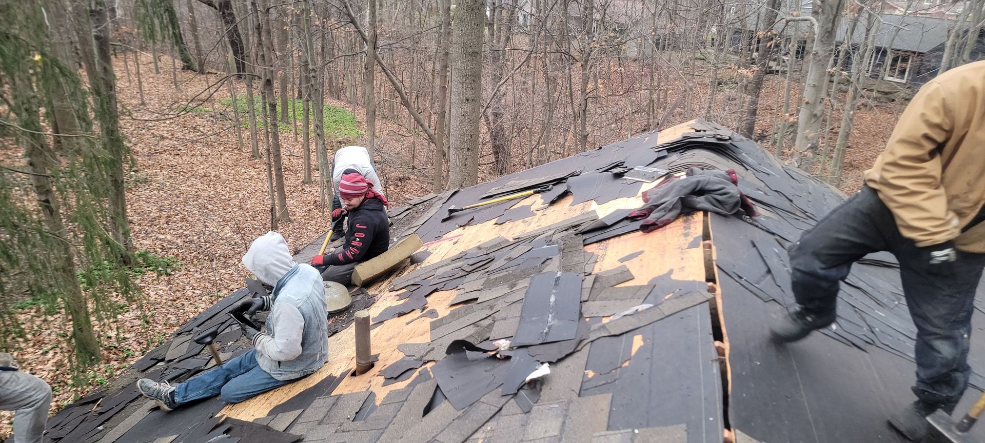 A group of people are working on a roof in the woods.
