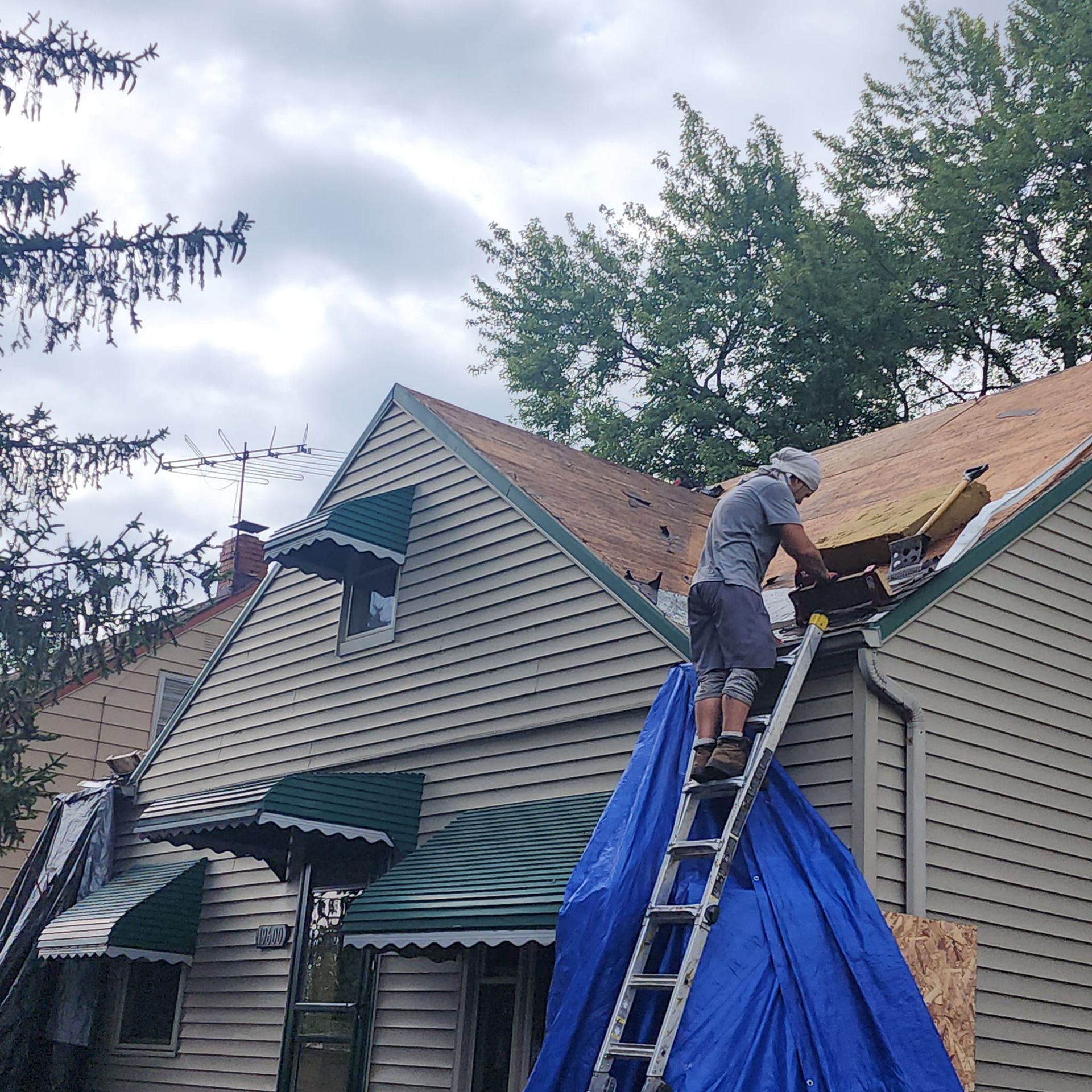 A man on a ladder is working on the roof of a house.