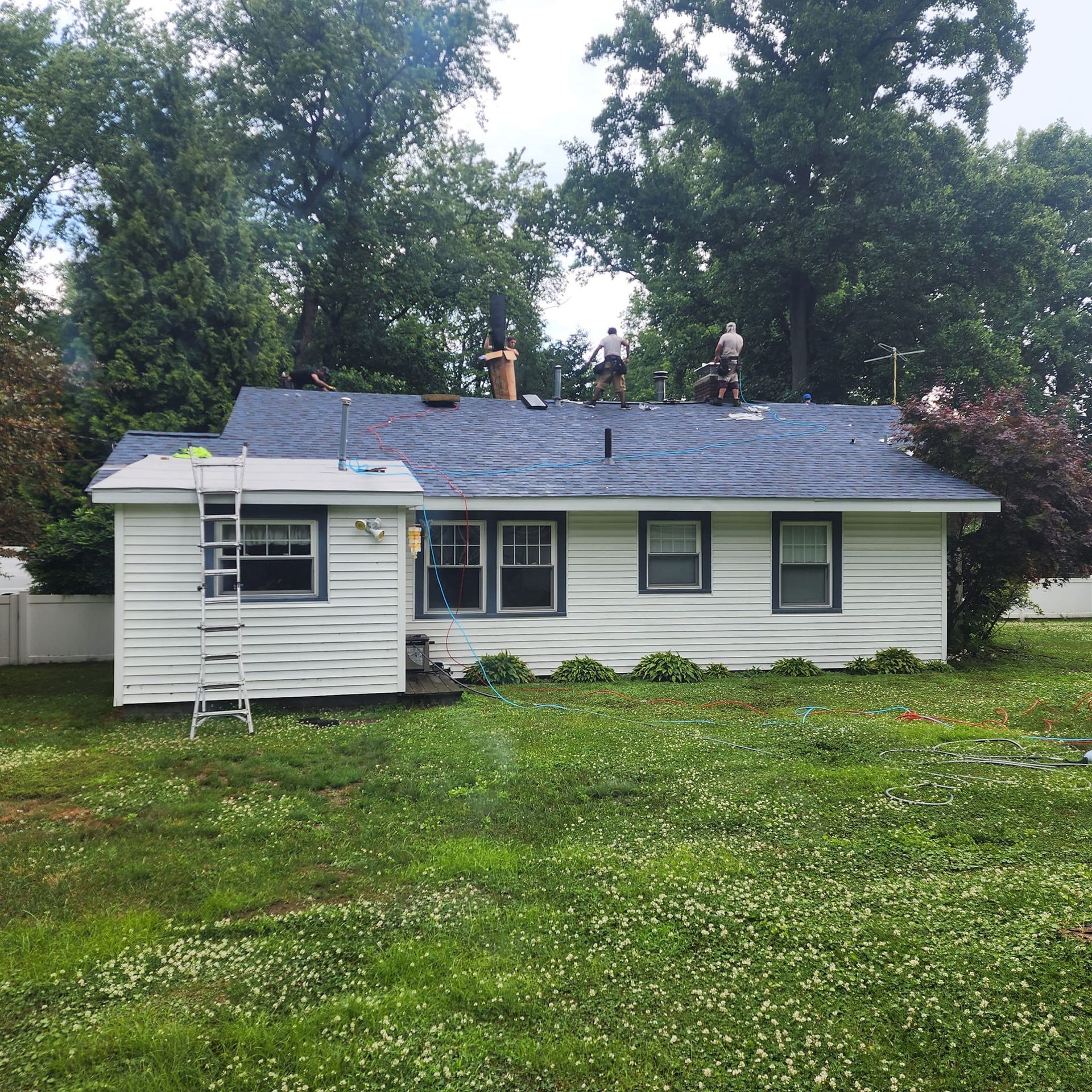 A white house with a blue roof and a ladder in front of it