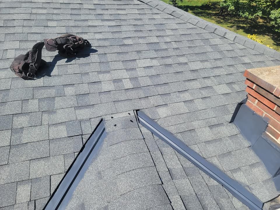 A dog laying on top of a roof next to a chimney