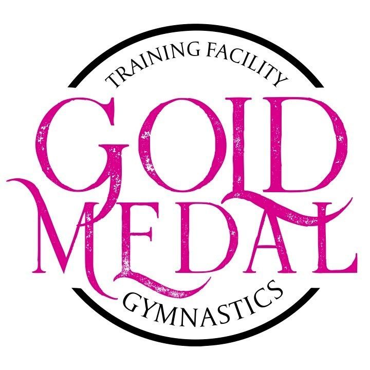 Gold Medal Gymnastics logo: Pink text in a black circle, "Gold Medal Gymnastics" and "Training Facility."