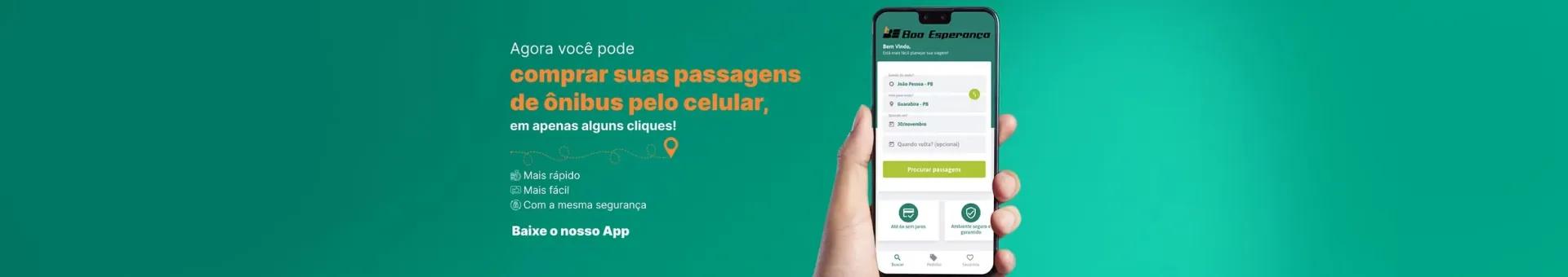 Mão segurando um celular com uma mensagem de texto promovendo a compra de passagens de ônibus pelo celular.