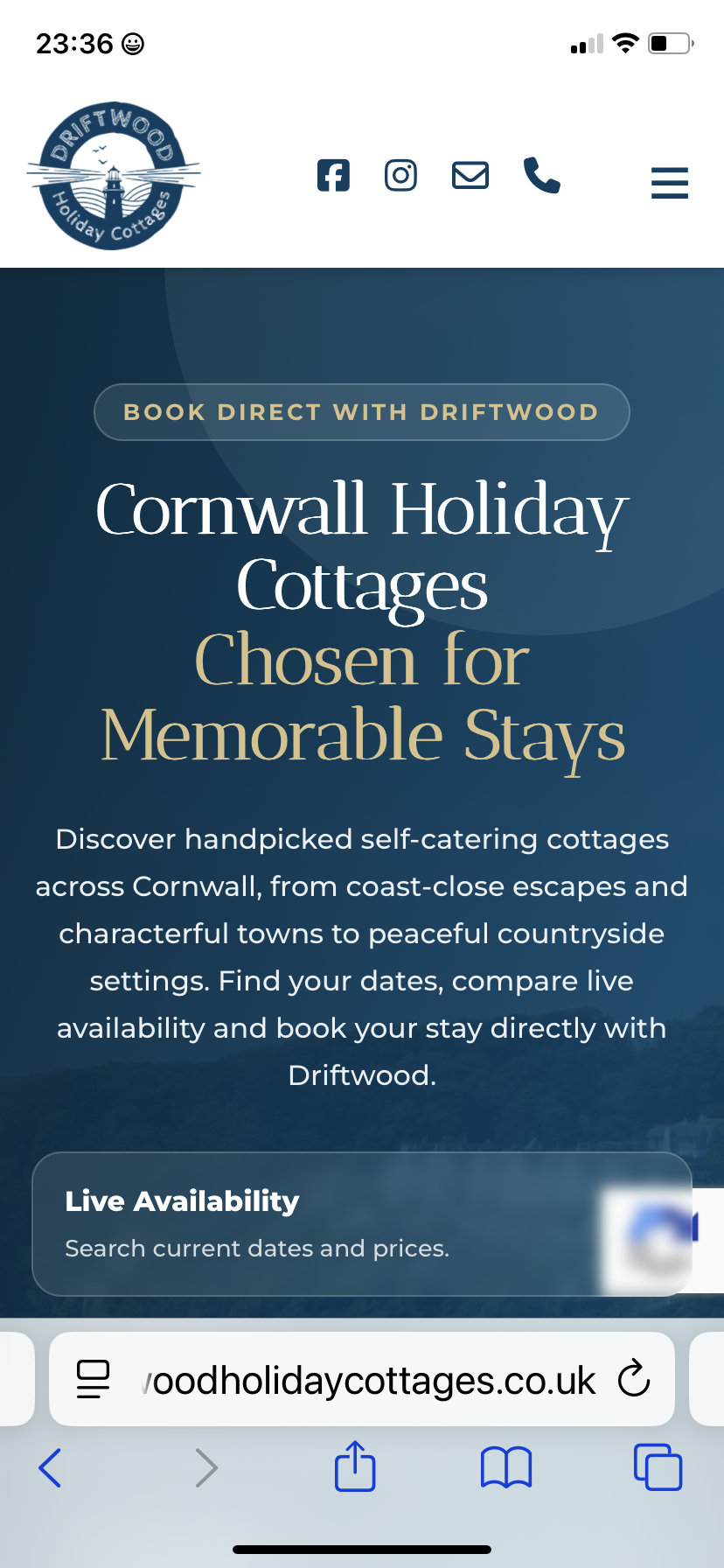 Mobile Cornwall Holiday Cottages page developed for Driftwood