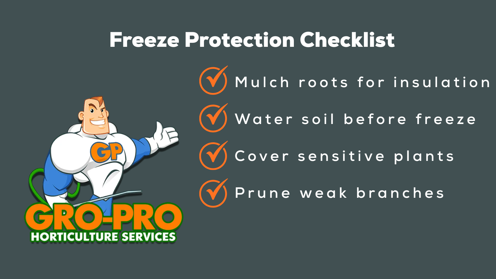 Freeze protection checklist: Cartoon mascot next to checklist. It includes mulching roots, watering soil, covering plants, and pruning branches.