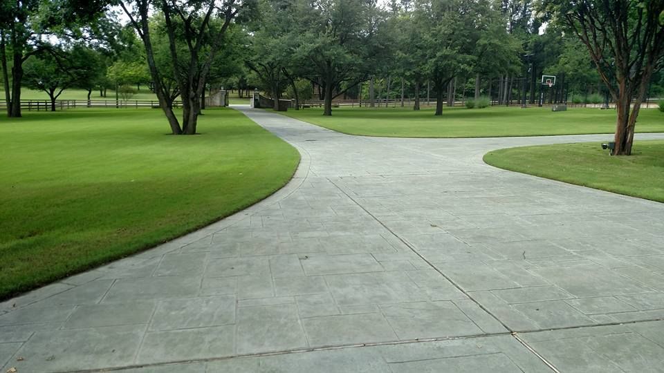 A concrete driveway curves through a lush green lawn, leading to trees in the background.