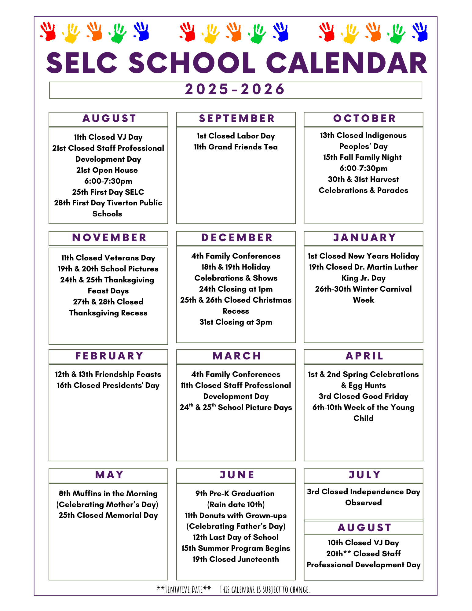 School Calendar — Learning Center in Tiverton, RI