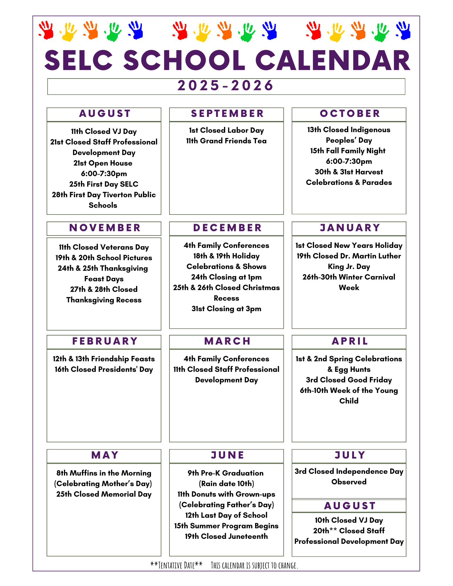 School Calendar — Learning Center in Tiverton, RI