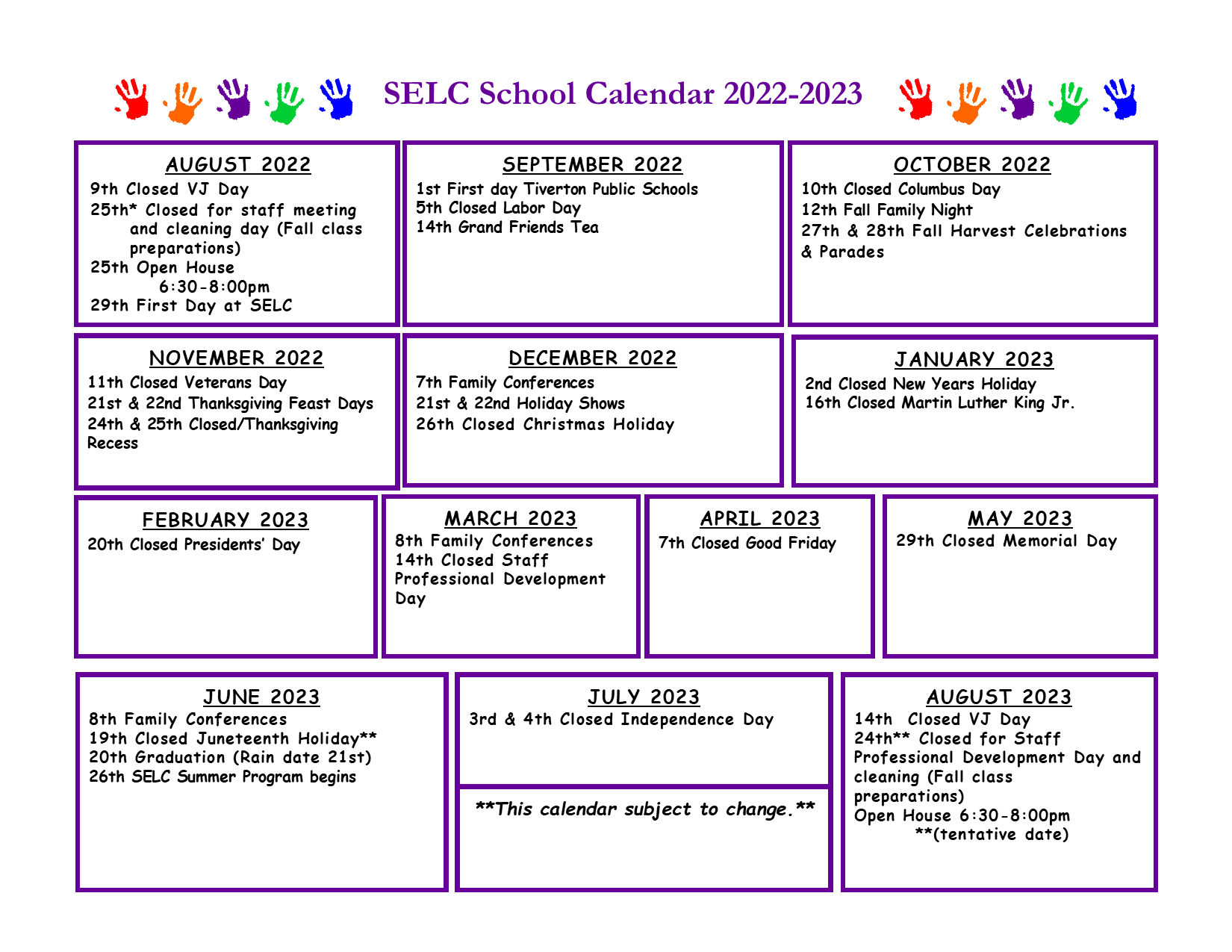 School Calendar Tiverton, RI Early Learning Center