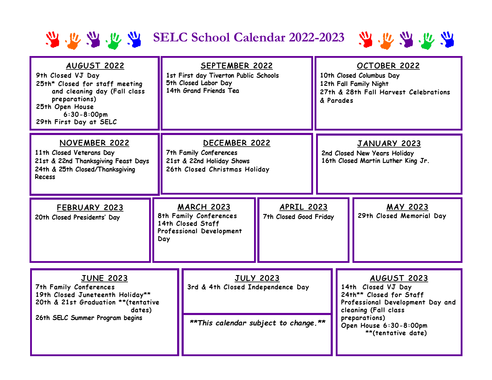 School Calendar Tiverton, RI Early Learning Center