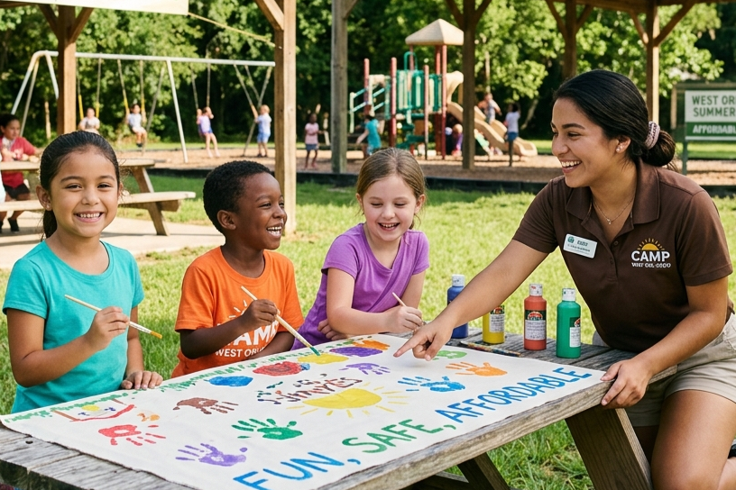 A smiling camp counselor and three children paint a banner with handprints and the words 