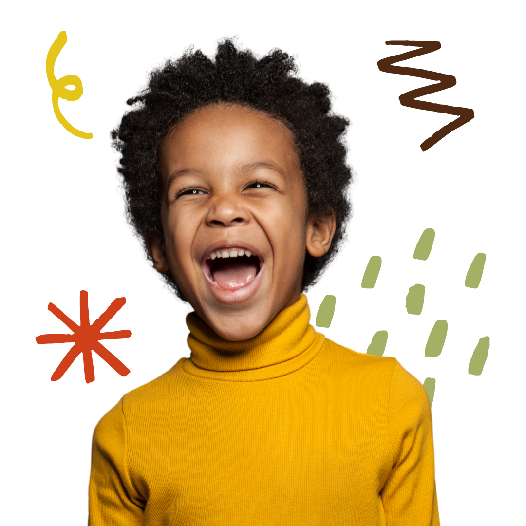 Boy with dark curly hair laughs, wearing a yellow turtleneck; colorful doodles surround.