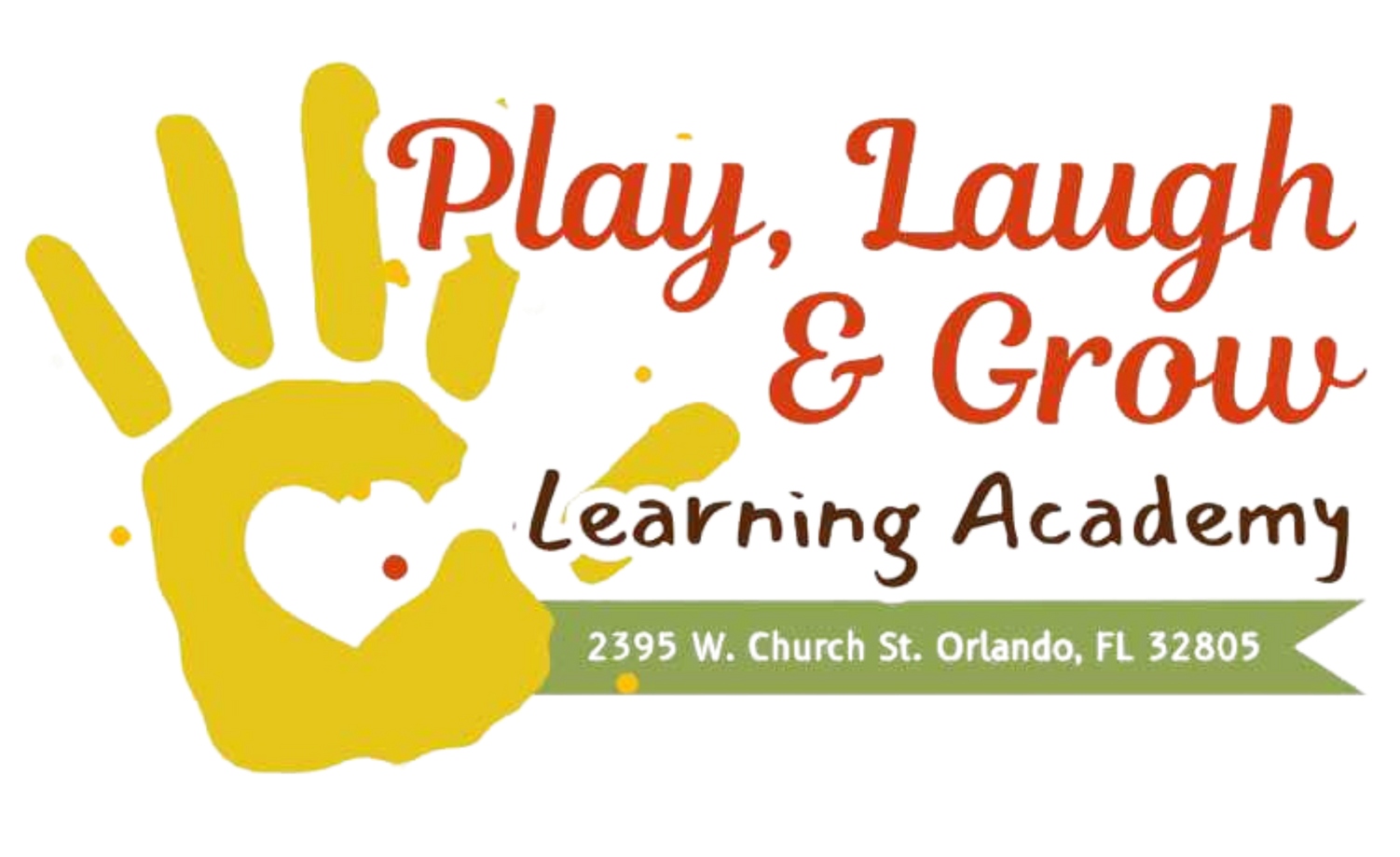 Logo for Play, Laugh & Grow Learning Academy, with a yellow handprint and the academy's address in Orlando, FL.