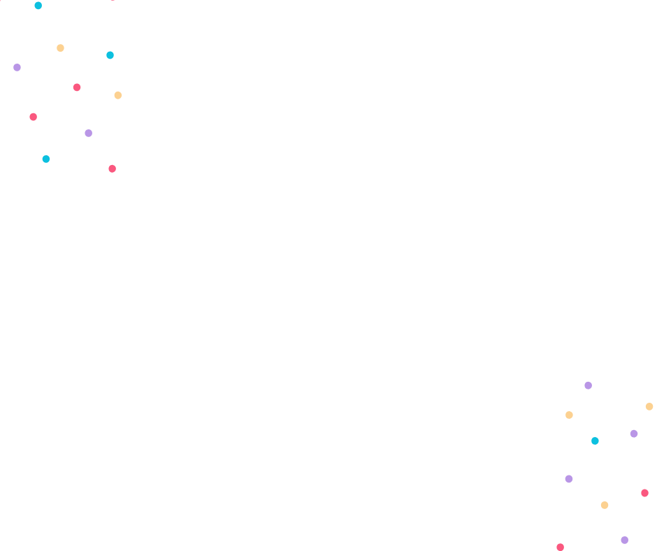 White background with scattered, colorful dots in the top left and bottom right corners.